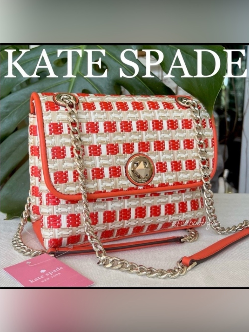 kate spade Natalia Straw Orange and Cream Woven with Chain Strap Crossbody Bag